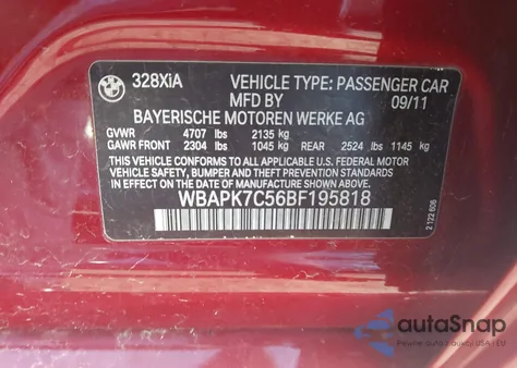 2011 BMW 328I xDrive from USA, damaged, VIN WBAPK7C56BF195818